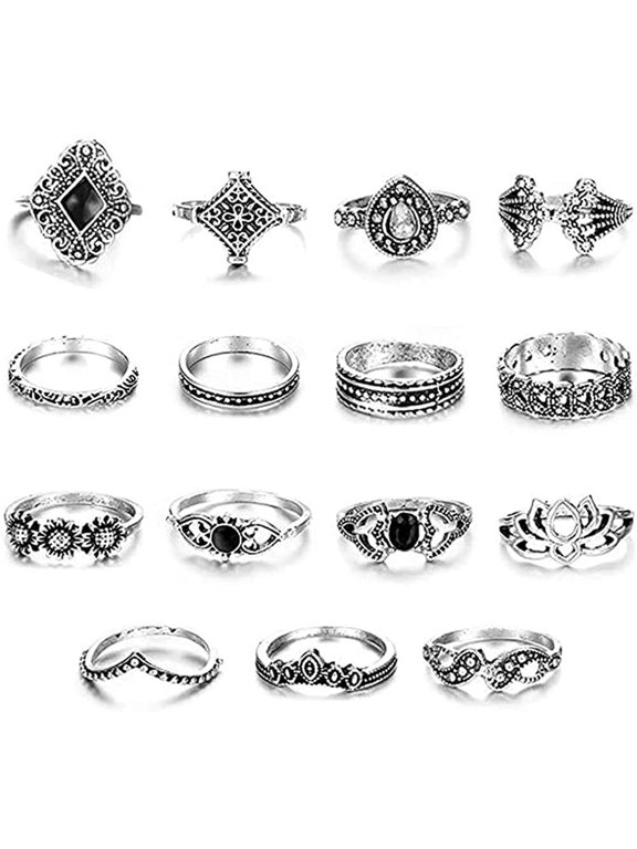 15pcs Vintage Women Mid Ring Set Flower Crown Rhinestone Joint Knuckle Nail Ring Set