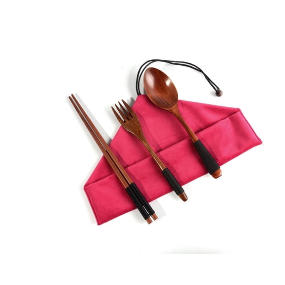 Nvzi -b 2 Sets Wooden Flatware Wooden Fork and Spoon Chopsticks Reusable Tableware Cutlery Set Travel Utensils Tied Line Flatware,Red