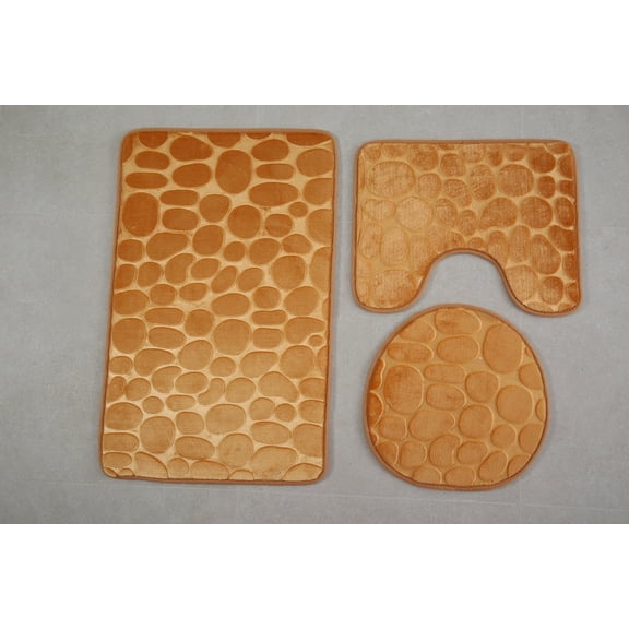 Nvzi -b 2 sets Flannel floor goose stone toilet three-piece set, 3 Piece Soft and Comfortable Bath Mat Include Toilet Lid Cover, Non-Slip Absorbentb Rugs(Caramel color