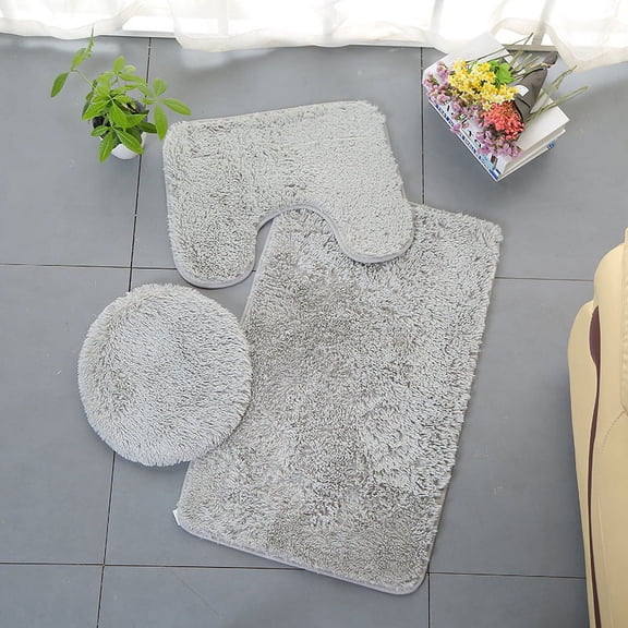 Nvzi -b 2 sets Three-piece toilet with silk carpet,, 3 Piece Soft and Comfortable Bath Mat Include Toilet Lid Cover, Non-Slip Absorbentb Rugs(gray