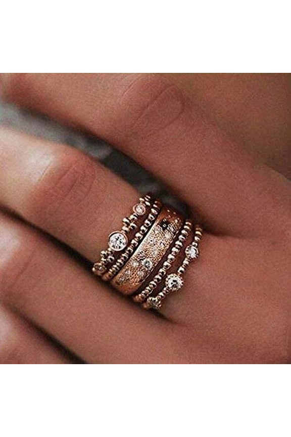 5 Pcs/Set Crystal Rose Gold Stackable Ring 5 Sparkly Rings Vintage Boho Jewelry (8)