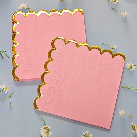 Nvzi -b 50pcs Pink Napkins with Gold Foil Accents 5 x 5 inch Beverage Disposable Napkin Party Decoration Wedding Bridal and Baby Shower Dinner Lunch Supplies (Pink B)