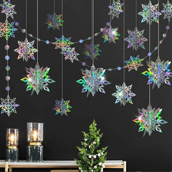 Nvzi -b 5Pack Laser Holographic Christmas Decorations, Rainbow Star Snowflake Heart Garland Hanging Ornaments, 3D Party Decorations,Snowflake