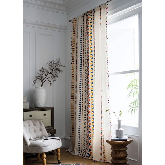 Nvzi -b Boho Chic Cotton Linen Window Curtain Panel with Colorful Pom Pom Geometric Print Bohemian Window Sheer Panels for Bedroom Living Room, 1 Piece,59" Wide 86" Long
