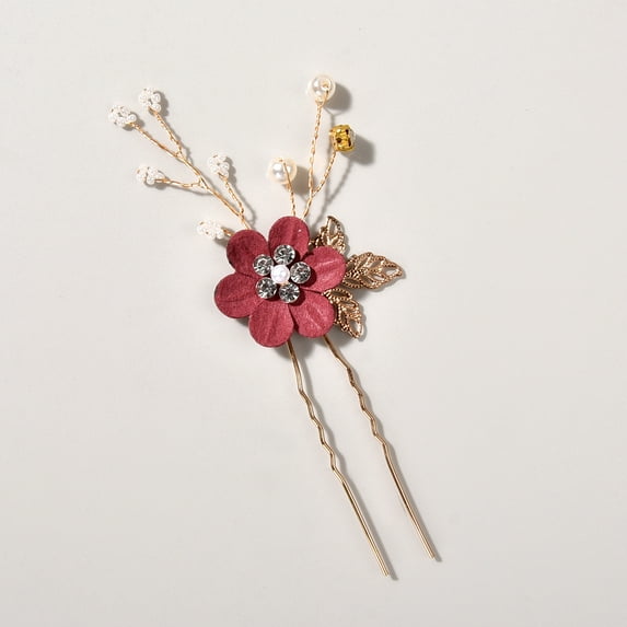 Nvzi -b Bridal Flower Wedding Hair Pins Crystal Pearl Hair Combs Clips Headpiece Gold Wedding Hair Accessories Jewelry with Rhinestone for Brides Bridesmaids Women Girls (Red)