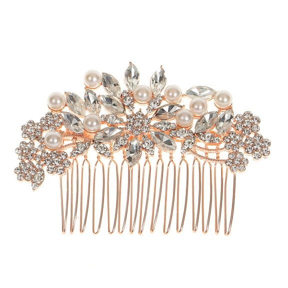 Nvzi -b Bridal Flower Wedding Hair Pins Crystal Pearl Hair Combs Clips Headpiece Gold Wedding Hair Accessories Jewelry with Rhinestone for Brides Bridesmaids Women Girls (Rose gold)