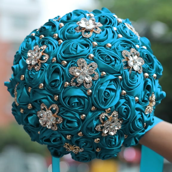 Nvzi -b Bridal Holding Wedding Bouquet Bridesmaid Satin Rose Artificial Pearls Satin Ribbons Wedding Floral Bouquet,Blue