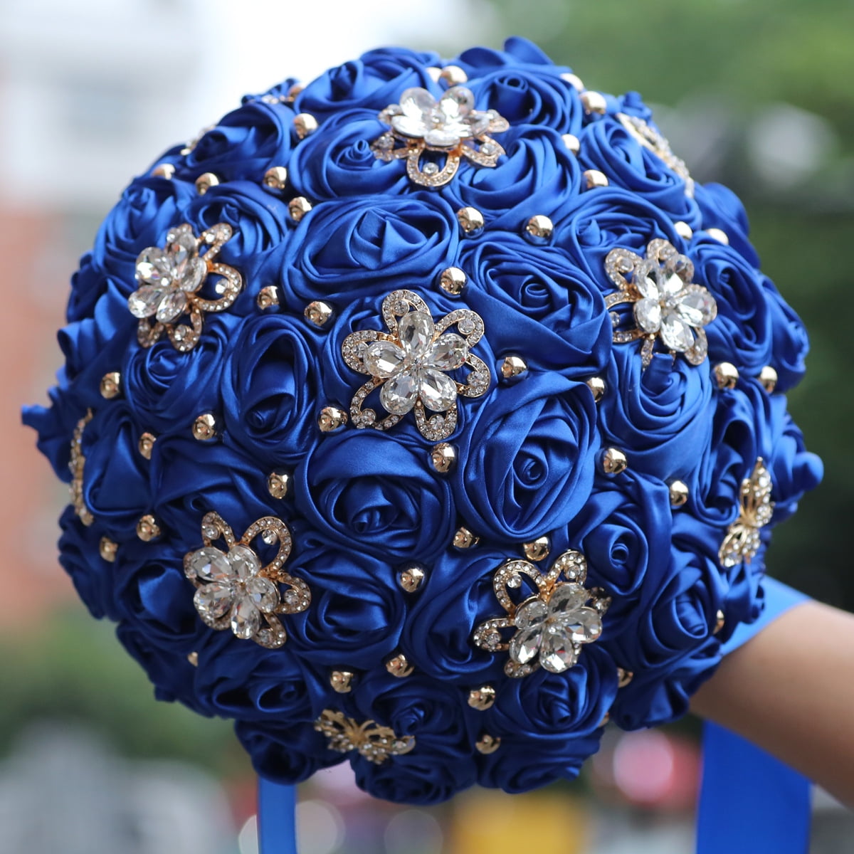 Nvzi -b Bridal Holding Wedding Bouquet Bridesmaid Satin Rose Artificial Pearls Satin Ribbons Wedding Floral Bouquet,Dark Blue-A