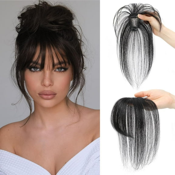 Nvzi -b Clip in Bangs Hair Clip on Bangs for Women 100% Human Hair Wispy Bangs Air Bangs with Temples Hairpieces for Women Curved Bangs for Daily Party WearNatural Black