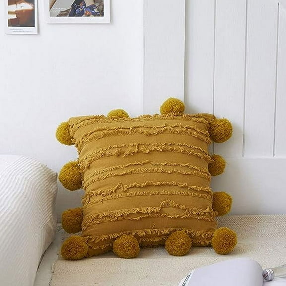 Nvzi -b Cotton Linen Decorative Square Throw Pillow Cover with Pom Pom Boho Striped Jacquard Cushion Covers for Sofa Couch Bed (Yellow,18"x18")