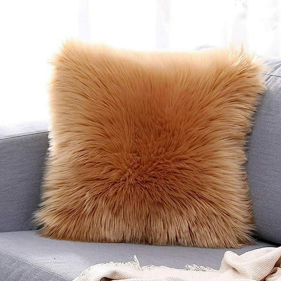 Nvzi -b Double-Sided Faux Fur Sheepskin Decorative Throw Pillow Cover Luxury Super Soft Plush Cushion Case for Sofa or Bed (16"x16",Khaki)