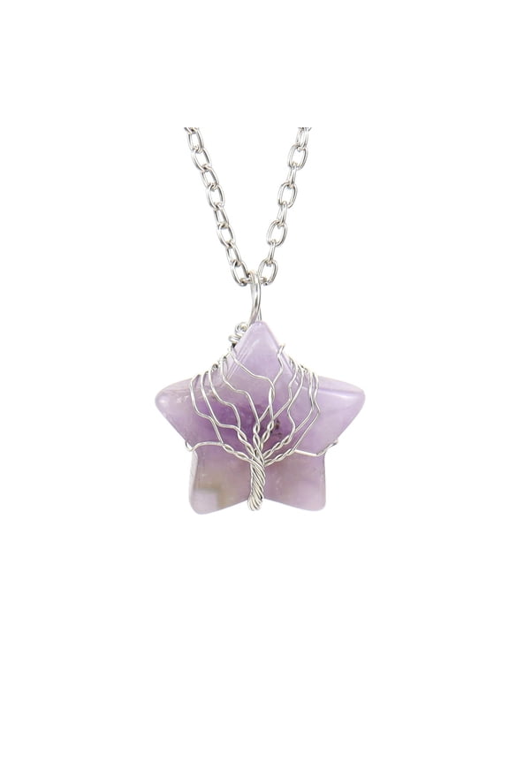 Life Tree Necklace Pendant Men's and Women's Necklace Jewelry Pendant Handmade, Natural Crystal Raw Stone, Five pointed Star, Winding Line Life Tree Pendant Necklace (Purple)