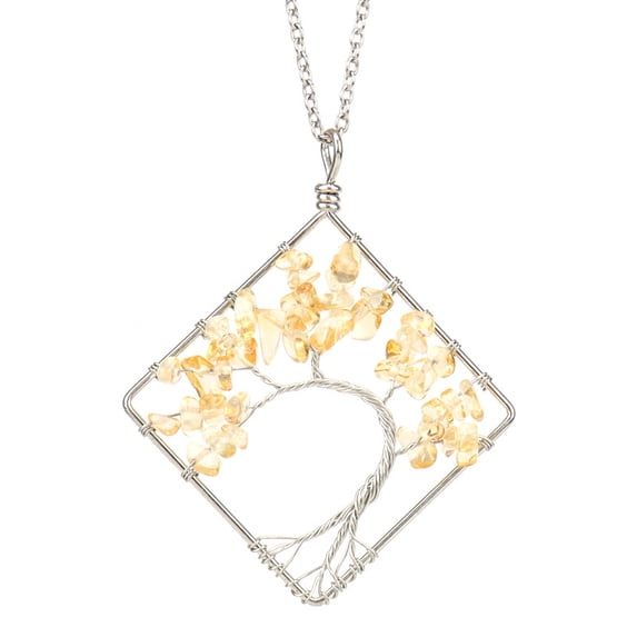 Nvzi -b Life Tree Necklace Pendant, Men's and Women's Necklaces, Jewelry Pendant Handmade, Handwound Colorful Natural Stone Crystal Square Curved Life Tree Pendant Necklace (Yellow)