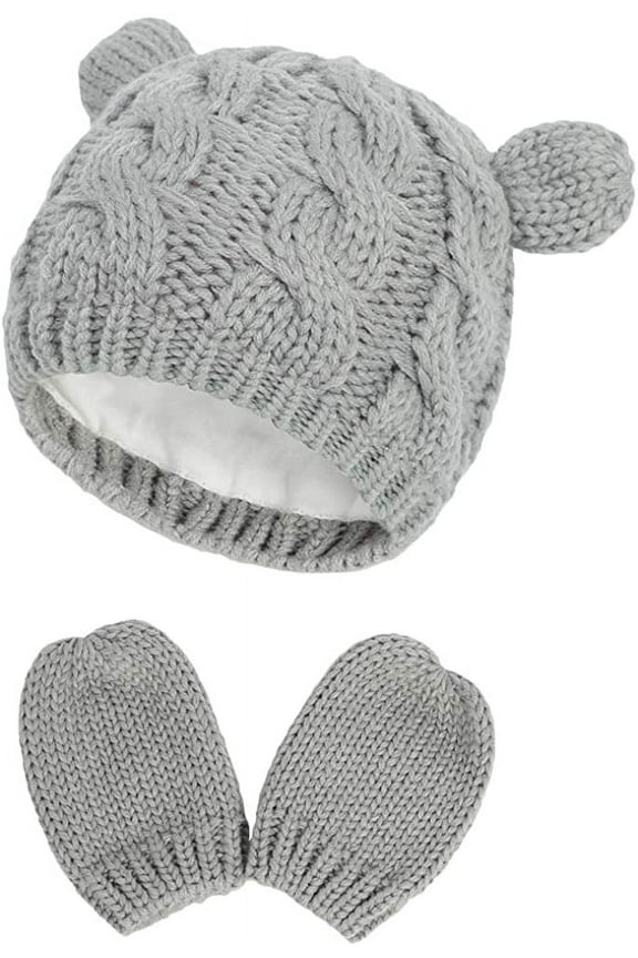 Newborn Winter Beanie Hat Gloves Set for Baby Girls Boys, Infant Toddler Warm Knitted Hat Gloves, Unisex-Baby Beanies (6-18 Months, Gray)