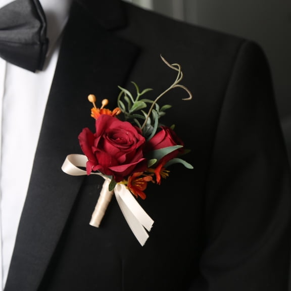 Nvzi -b Pack of 2 Brooch Bouquet Corsage Classic Artificial Groom Bride Flowers with Pin Suit Decoration Boutineers for Men Wedding, Prom, Party,Homecoming,Red