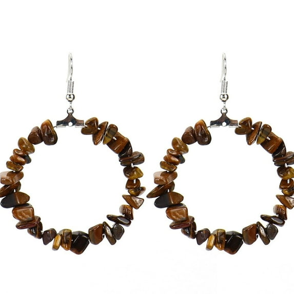 Nvzi -b Personalized Natural Stone Earrings, Colorful Natural Stone Geometric Irregular Gravel Beaded Earrings, Circular Earrings (Brown)