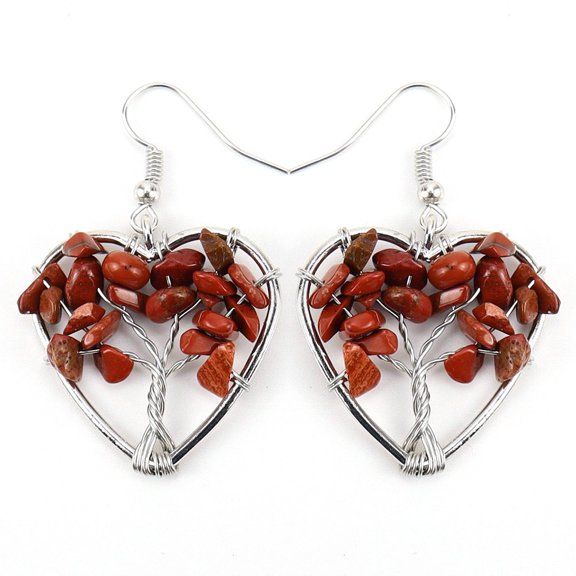 Nvzi -b Personalized Natural Stone Earrings, Handmade Natural Crystal Stone Love Heart shaped Life Tree Stone Earrings, Couple Peach Heart Earrings (Deep Red)