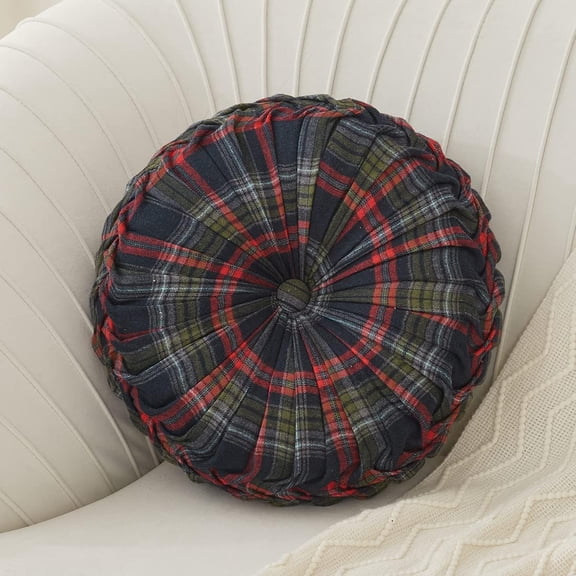 Nvzi -b Plaid Throw Pillows Round Pleated Soft Comfy Chair Seat Cushion (Navy, Diameter 16")