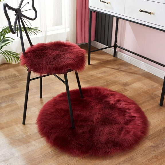 Nvzi -b Round Faux Fur Sheepskin Area Rug Super Soft Fluffy Chair Cover Seat Cushion Pad Non-Slip Area Rugs for Living Bedroom Floor Sofa (Wine Red,1.5 Feet Diameter)