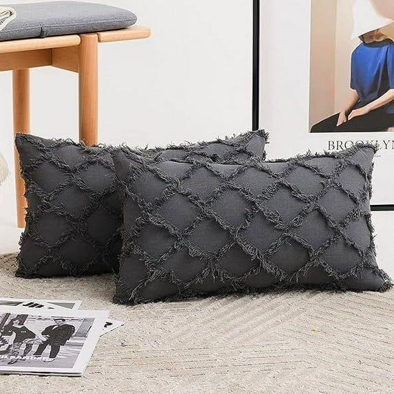 Nvzi -b Set of 2 Decorative Boho Throw Pillow Covers 12x20 Inch Cotton Linen Diamond Jacquard Pattern Cushion Covers for Sofa Couch Bed (Dark Grey, 12"x20")