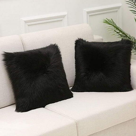 Nvzi -b Set of 2 Faux Fur Square Throw Pillow Covers Luxury Plush Decorative Pillow Cases Cushion Covers for Sofa Bedroom Car 16"x16" Black