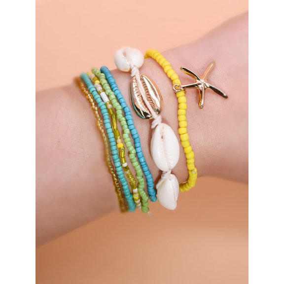 Nvzi -b Shell Bracelets for Women Boho Layered Beaded Seashell Bracelets Colorful Stackable Shell Bracelet Starfish Bracelets Jewelry Accessories for Women,Yellow