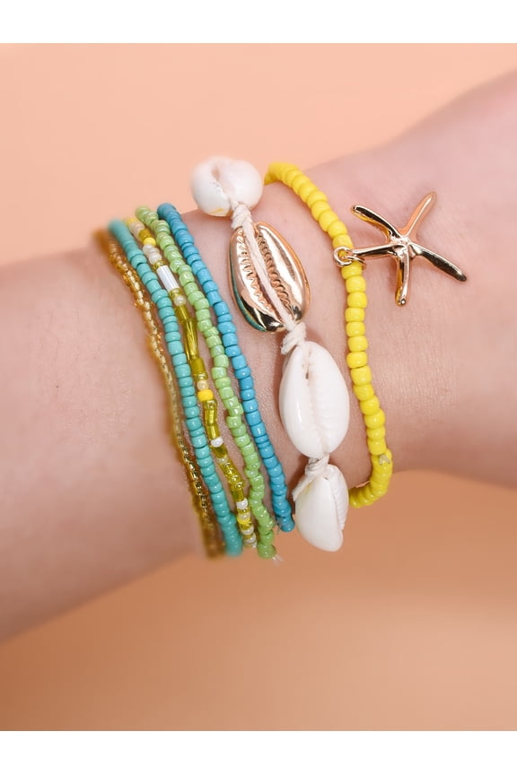 Shell Bracelets for Women Boho Layered Beaded Seashell Bracelets Colorful Stackable Shell Bracelet Starfish Bracelets Jewelry Accessories for Women,Yellow