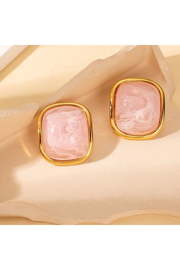 Stainless Steel Square Multi-color Resin Stud Earrings for Women Statement Ear Studs Bohemian Summer Earring,Pink