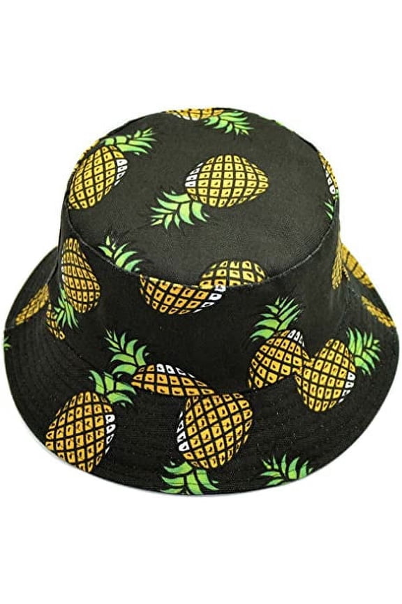 Unisex Fruit Printed Dual Use Bucket Hat Fisherman Hat Sun Visor Hat for Summer Beach Pineapple Black