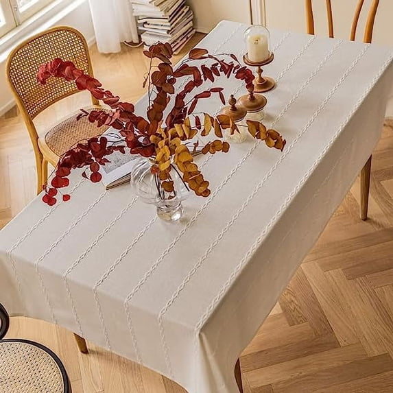 Nvzi -b White Linen Table Cloth Cotton Linen Tablecloth for Rectangle Tables, Heavy Weight Washable Farmhouse Soft Boho Tablecloth for Kitchen Dinning Party (White, 53 x 86 Inch)