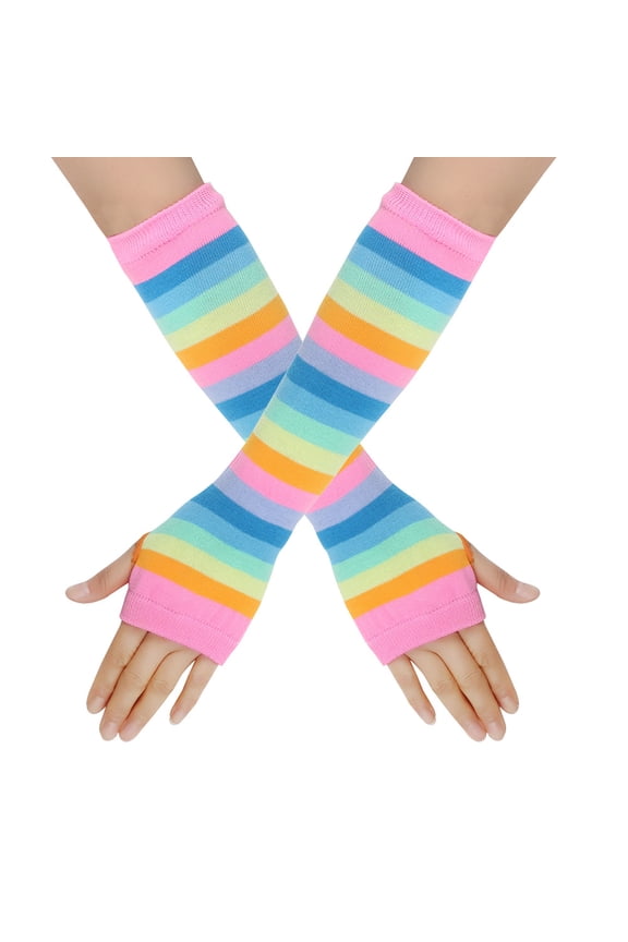 Women Striped Long Fingerless Gloves, Winter Knitted Arm Warmers For Punk Rock/Cosplay/Goth/Christmas Party -Style C