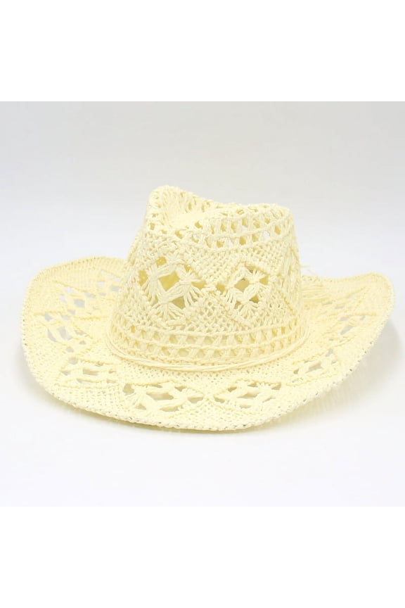 Women's Straw Cowboy Hat Shiny Western Cowgirl Hat Holiday Party Foldable Vacation Beach Sun Hat (Beige)