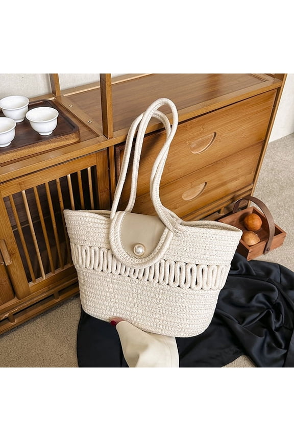 Women's Woven Shoulder Bag Woven Tote Bag and Cosmetic Bag,Summer Beach Weaving Chic Woven Tote Handbags Shoulder Bags 15.74*3.93*9.84nich White A