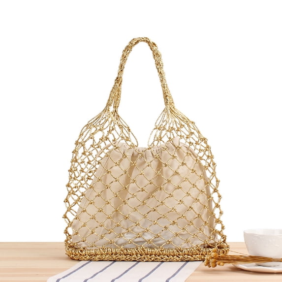 Nvzi -b Women's Woven Shoulder Bag Woven Tote Bag and Cosmetic Bag,Summer Beach Weaving Chic Woven Tote Handbags Shoulder Bags 11.02*5.11*7.87inch (Gold)