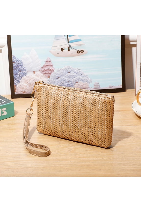 Women's Woven Shoulder Bag Woven Tote Bag and Cosmetic Bag,Summer Beach Weaving Chic Woven Tote Handbags Shoulder Bags 7.08*0.78*4.33inch (Khaki)