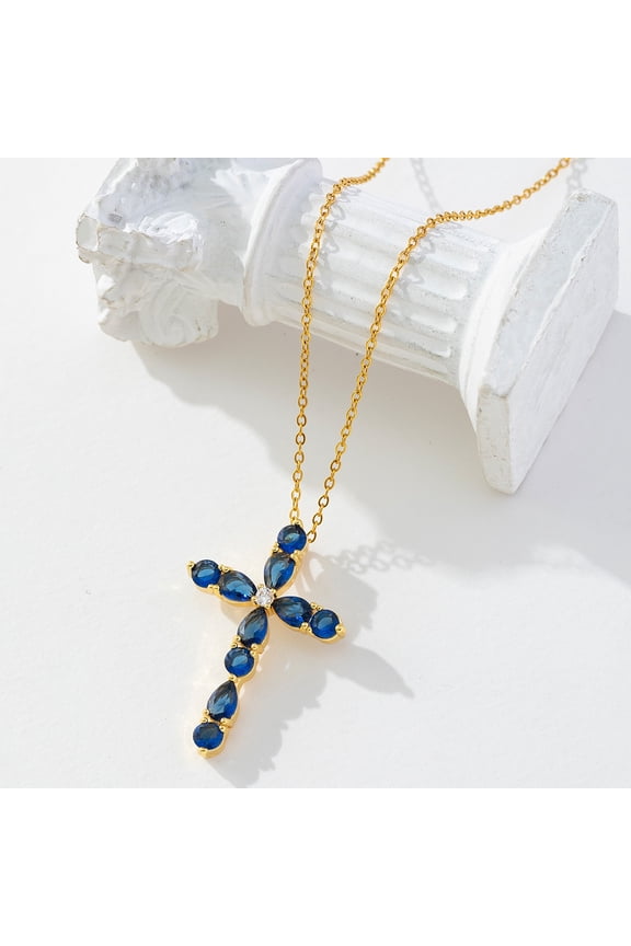 handmade necklace pendant, suitable for both men and women, droplet shaped colored zircon cross pendant necklace (blue)