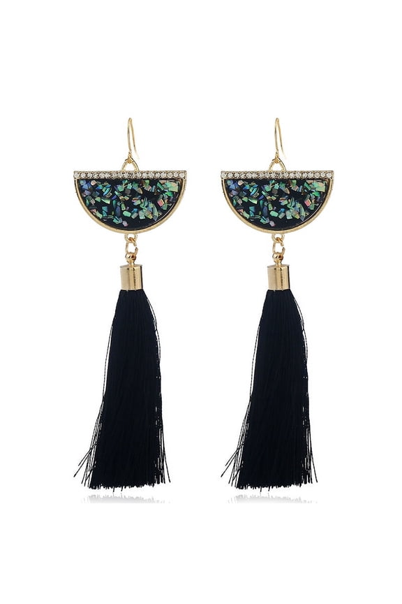-b men's and women's earrings, metal inlaid diamond earrings, fan-shaped long tassel earrings (black)