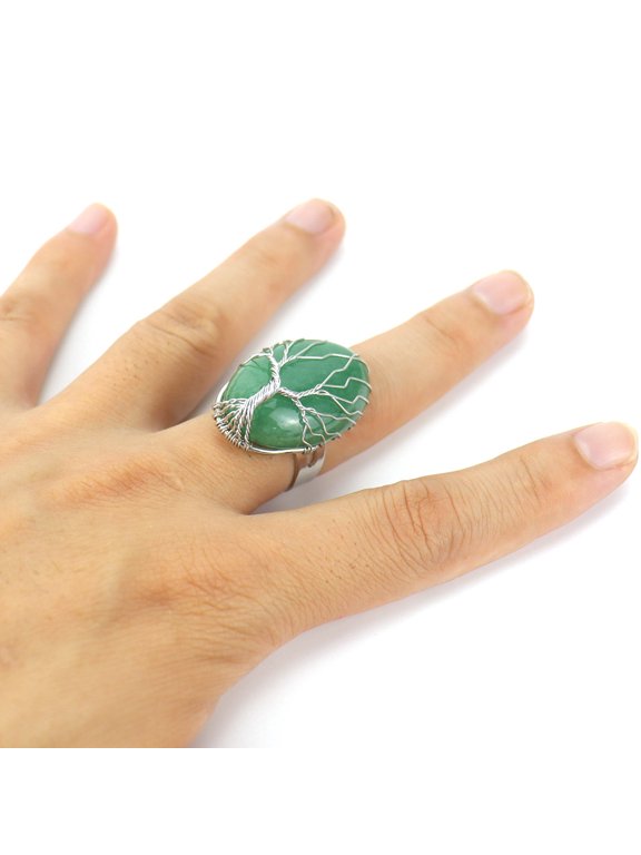 natural handmade ring, suitable for men and women to wear, hand wrapped oval natural stone life tree ring, adjustable opening ring (green)