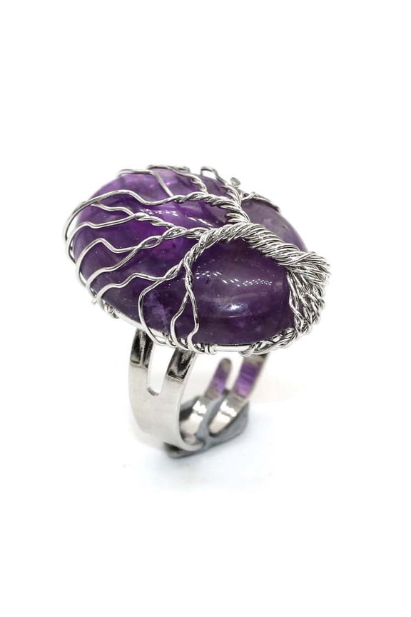 natural handmade ring, suitable for men and women to wear, hand wrapped oval natural stone life tree ring, adjustable opening ring (purple)