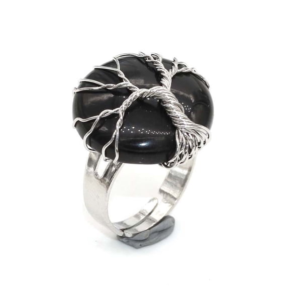 Nvzi -b natural handmade ring, suitable for men and women to wear, handcrafted circular natural stone life tree ring with adjustable opening (black)