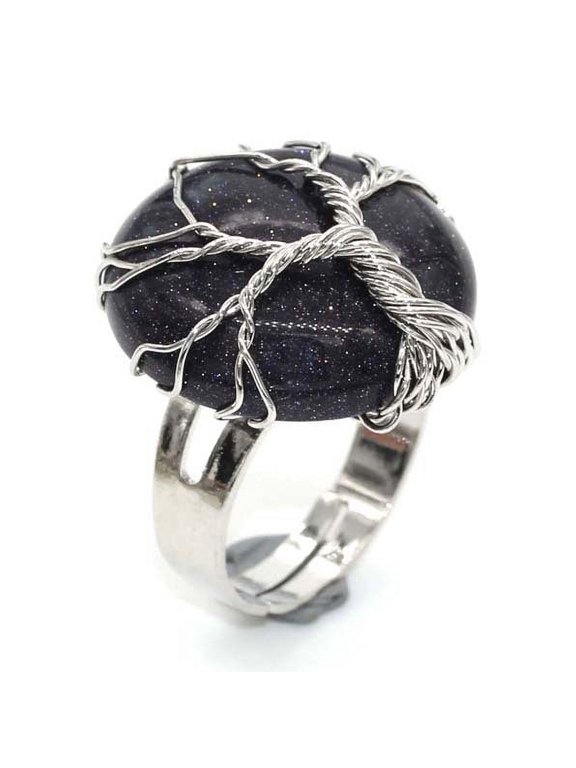 natural handmade ring, suitable for men and women to wear, handcrafted circular natural stone life tree ring with adjustable opening (blue)