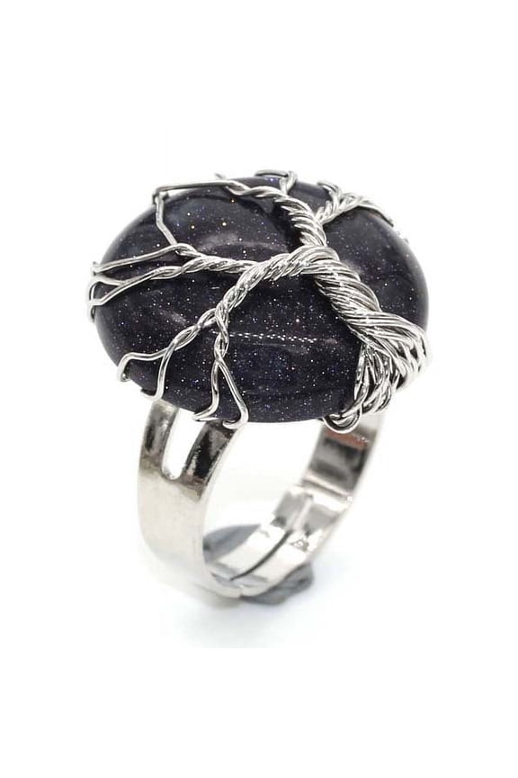 natural handmade ring, suitable for men and women to wear, handcrafted circular natural stone life tree ring with adjustable opening (blue)