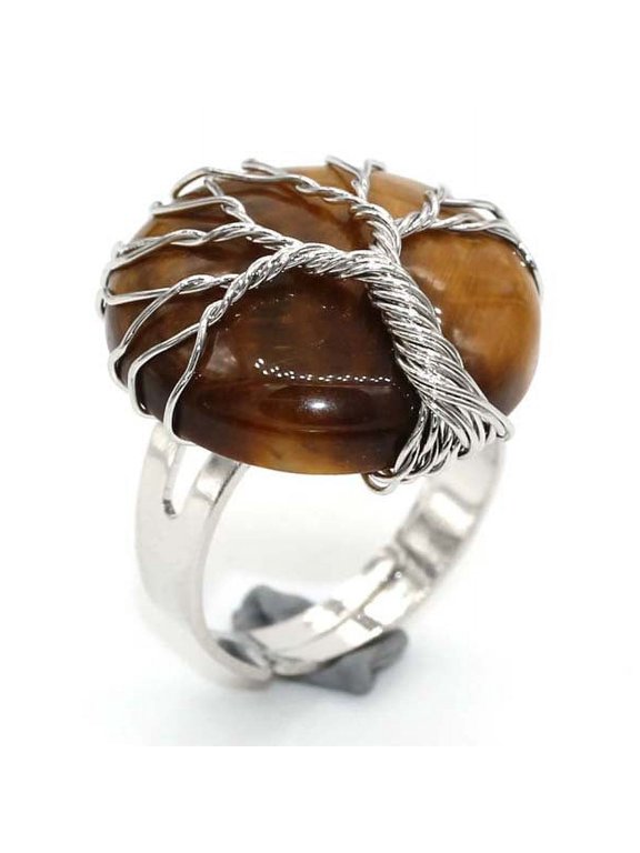 natural handmade ring, suitable for men and women to wear, handcrafted circular natural stone life tree ring with adjustable opening (brown)