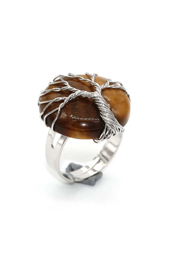 natural handmade ring, suitable for men and women to wear, handcrafted circular natural stone life tree ring with adjustable opening (brown)