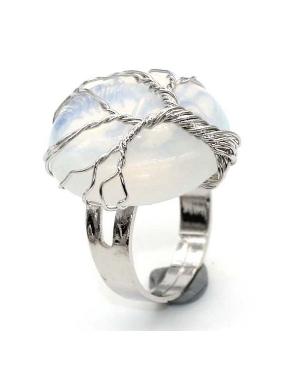 natural handmade ring, suitable for men and women to wear, hand wound circular natural stone life tree ring, adjustable opening ring (protein color)
