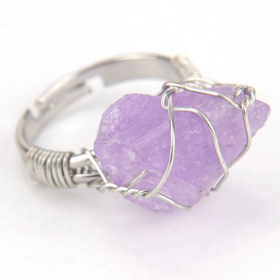 Nvzi -b natural handmade ring, suitable for men and women to wear, personalized silver copper wire hand wrapped natural stone ring, adjustable for women (light purple)