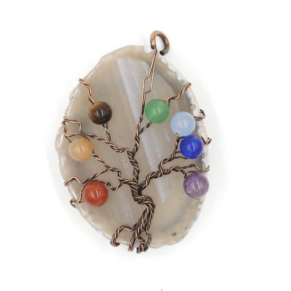 Nvzi -b necklace pendant, handcrafted for men and women's necklaces, featuring 7 stone round beads, antique copper colored wire wound pendant, retro pendant decoration (gray)