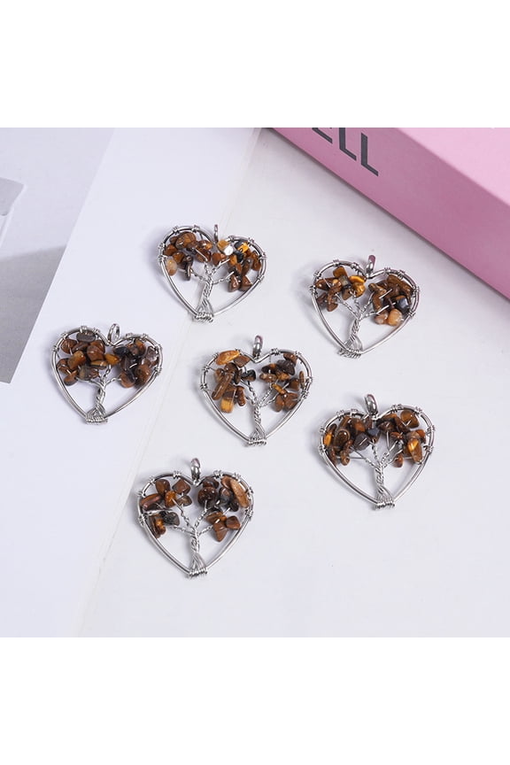 necklace pendant suitable for men and women, handcrafted, natural stone crystal heart-shaped life tree necklace pendant wrapped with silk gravel crystal jewelry (brown)