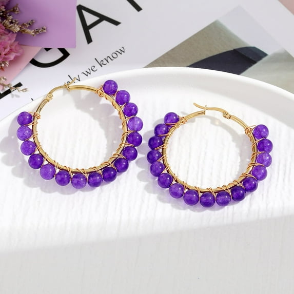 Nvzi -b personalized natural stone earrings, natural stone stainless steel wire wound earrings, beaded earrings, retro colored earrings (purple)