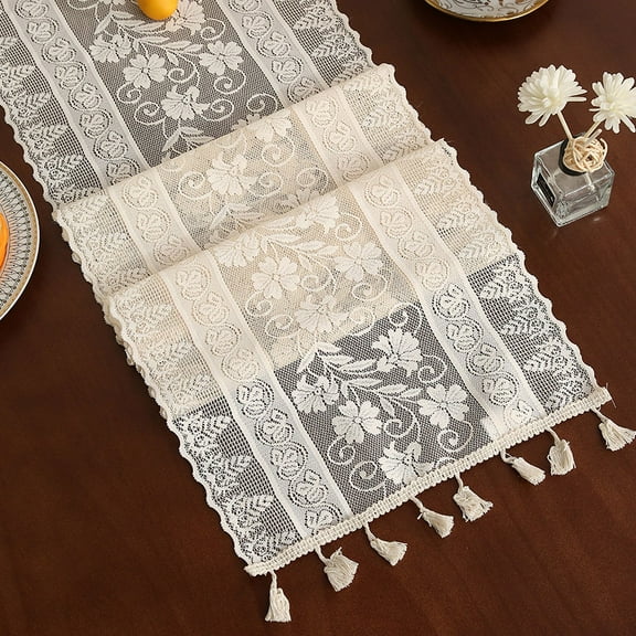 Nvzi beige lace tassel pendant tablecloth 12 x 71 inches, Christmas party country bohemian style table flag, holiday table decoration table flag, wedding/Christmas table cloth -1 piece